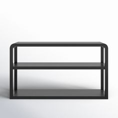 a black shelf with two shelves on each side and one shelf below the shelf, in front of a white background