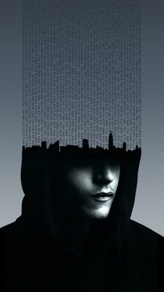 a person in a hooded jacket with the image of a city on their face behind them