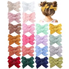 ♥ 【SET OF 40PCS（20Pairs）】- The Package Includes 40PCS（20Pairs）of Premium Hair Bows Clips. It contains 20 colors, you are certain to find a color to match any of your sweet girls' outfit! Our boutique handmade hair bow clips will make your little girls' every day dressing more charming. ♥【BOW SIZE】- These Baby bows are approx 3.7 inch, not too big, not too small. It's a great choice for your little girls. Kids Hair Clips, Fabric Hair Bows, Side Hairstyles, Toddler Bows, Handmade Hair Bows