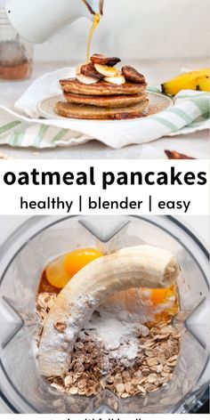 oatmeal pancakes in a blender with bananas and eggs being poured on top