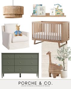 a baby's room with furniture and decor