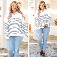 fb-feed White Tops With Contrast Stripes For Layering, Trendy White Tops With Striped Hem, White Tops With Striped Hem For Fall, White Stretch Tops With Contrast Stripes, As It Was, Chic Look, Model Fits, Solid Tops, White Sweaters