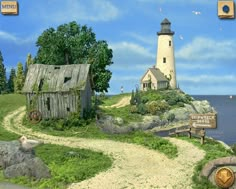 there is an image of a small island with a lighthouse on it and a sign in front