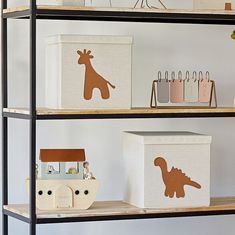 the shelves are filled with different types of storage boxes and containers for children's toys