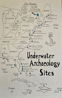 an old paper map with the names of water and other places to see in it