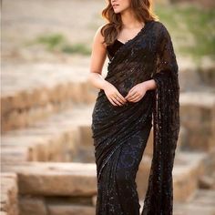 Georgette Saree With Sequin Design. Beautiful Black Color Lightweight Saree. Fall Picco And Blouse Not Included. 1st Pic Is For Design Reference Only. New With Tags. Kriti Sanon Saree, Black Sari, Kriti Sanan, Sequence Saree, Sarees For Girls, Saree Bollywood, Sequin Saree, Indian Designer Sarees, Party Sarees