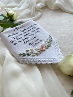 Hand-Embroidered Wedding Handkerchief with Floral Design.  Celebrate your special day with our beautifully crafted handkerchief, made from a luxurious linen-cotton blend. This unique piece is not only functional but also a sentimental keepsake for the bride and her beloved mother.  Fabric: Crafted from soft, durable linen-cotton fabric, this handkerchief offers a perfect balance of elegance and comfort, ideal for wiping away tears of joy. Words:  Handkerchief is embroidered with the touching wor Embroidered Handkerchief Wedding, Wedding Handkerchief, Embroidered Wedding, Tears Of Joy, Wedding Keepsakes, Gift For Mother, Luxury Linen, Custom Wedding, Mother Of The Bride