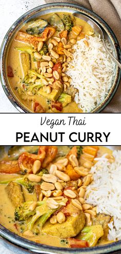 vegan thai peanut curry in a bowl with rice and broccoli