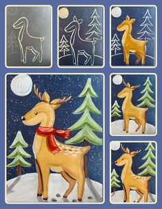 four different pictures of reindeers in the snow with pine trees and moon behind them