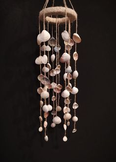 a wind chime with shells hanging from it's sides on a black background