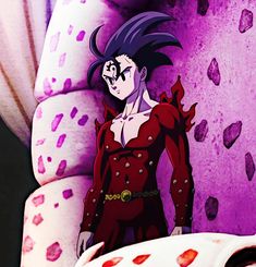 an anime character standing in front of a purple and red wall with spots on it