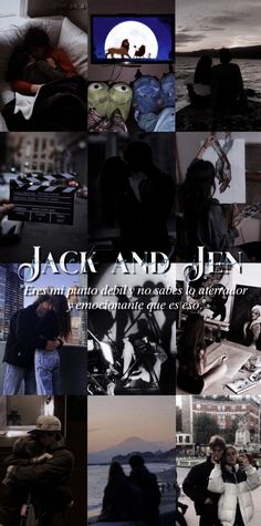 a collage of people sitting and standing in front of a building with the words jack and jean on it