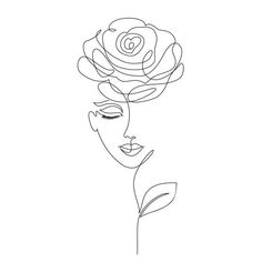 a line drawing of a woman's face with a rose in her hair