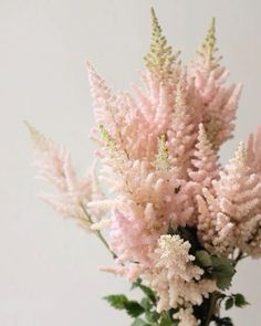 pink and white flowers in a glass vase on a table with a white wall behind it