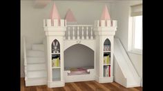 a child's castle bed with stairs and bookshelves