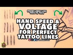 an image of hand speed and voltage for perfect tattoo lines with text overlaying it