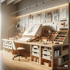 an art studio with lots of drawers and desks