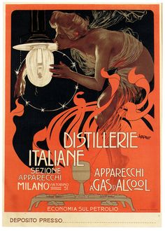 an old poster advertising italian art deco shows a woman holding a lamp in her hand