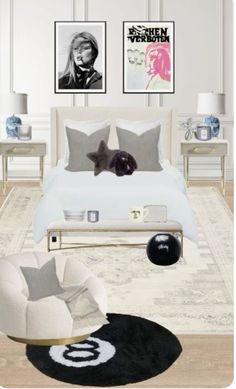 a bedroom with white furniture and pictures on the wall above it, along with a black rug