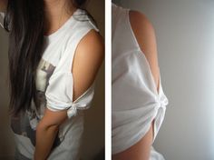 two pictures of a woman with long hair wearing a white shirt and tie around her waist