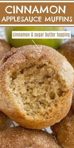 cinnamon applesauce muffins stacked on top of each other with the words cinnamon and sugar butter topping