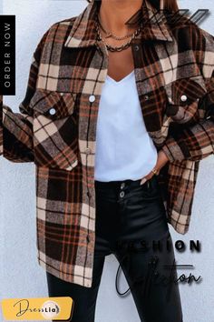 Grid Plaid Casual Button Shirt Coat Look Rock, Long Sleeve Plaid Shirt, Collar Jacket, Long Sleeve Plaid, Women's Coats, Cardigan Jacket, Shirt Collar, Outfits Casuales