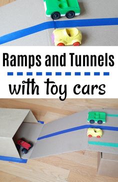 some toys that are sitting on the floor with text overlay reading ramps and tunnels with toy cars