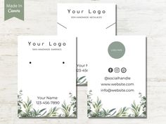 two business cards with the words your logo on them and an image of green leaves