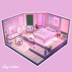 a bedroom with pink walls and furniture in it