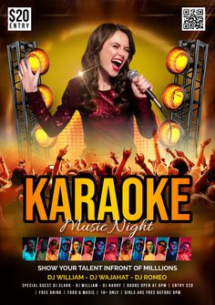 karaoke music night flyer with a woman singing into a microphone and people in the background