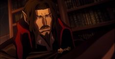 an anime character with long black hair wearing a red cape and standing in front of bookshelves