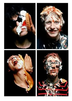 four different pictures of people with food on their faces and hands in the same photo