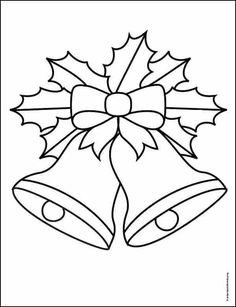 a christmas bell with holly leaves on it and a bow hanging from the top, coloring page