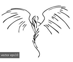 a black and white line drawing of an angel with outstretched wings on a white background