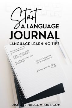 a notebook with the words start a language journal in black and white