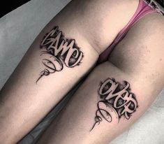 two women with tattoos on their legs sitting next to each other