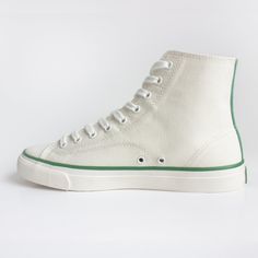 This Classic PF Flyers model was named after legendary Boston Celtic basketball player and member of the NBA 75, Bob Cousy. Cousy originally laced up this canvas style in 1957, and now they're back with a modernized look. Based on one of PF Flyers' best sellers from the 1960's, the All American features vintage detailing and honors a tradition rooted in comfort. Inspired for the court and designed for long lasting comfort. Signature Bob Cousy Patch Flat cotton laces Canvas upper for a lightweigh Vintage Lace-up Sneakers With Rubber Toe Cap, Retro High-top Sneakers With Laces, Vintage Sneakers With Laces And White Sole, Mid-top Canvas Shoes With Laces, Classic Canvas High-top Sneakers, Retro Cotton High-top Sneakers With Gum Sole, Sporty Canvas High-top Sneakers With Laces, Canvas Shoes With White Laces For Streetwear, Canvas Shoes With White Sole And Rubber Heel Cap