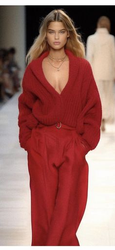 Sweater On Sweater Outfit, Red Fashion Runway, Something Red Outfit, Chic Red Outfit, Cherry Color Outfit, Chic Colorful Outfits, Cherry Red Fashion, Cherry Red Outfit Ideas, Red On Red Outfit