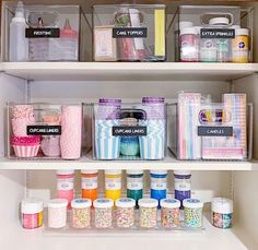 the shelves are filled with different types of crafting supplies and storage bins on them