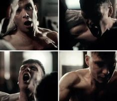 multiple shots of a shirtless man with his mouth open