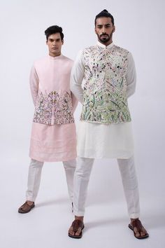 Ivory suiting bundi jacket with multi-colored thread embroidery. - Aza Fashions Kurta Set Men, Ivory Suit, Nehru Jacket, Silk Kurta, Nehru Jackets, Thread Embroidery, Silk Pajamas, Kurta Set, Mandarin Collar