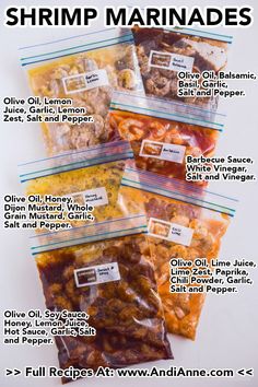 five bags of shrimp marinades are shown in this image with the description below it