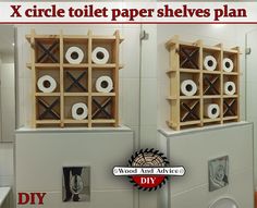 two wooden shelves with rolls of toilet paper on them and the words diy written below