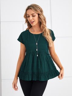 Batwing Sleeve Ruffle Hem Blouse | EMERY ROSE Ruffle Hem Blouse, Peplum Styling, Hem Blouse, Short Sleeve Pattern, Batwing Sleeve, Green Fashion, Short Sleeve Blouse, Ruffle Hem, Fashion Online Shop