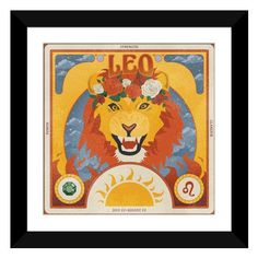 the leo zodiac sign with flowers on it's head, framed in black frame