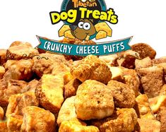 a pile of crumbly cheese puffs next to a logo for dog treats