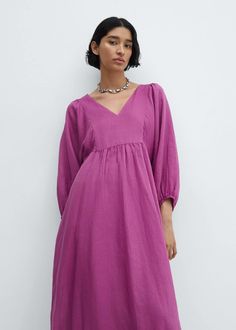 Ramie puff sleeve dress -  Women | Mango USA V-neck Dress With Elastic Sleeves For Brunch, Chic Knee-length V-neck Dress With Gathered Sleeves, Casual Dresses With Balloon Gathered Sleeves, Chic Puff Sleeve Midi Dress With Blouson Sleeves, Casual Dresses With Pleated Balloon Sleeves, Casual Dresses With Puff Pleated Sleeves, Casual Dresses With Puff Sleeves, Casual Dresses With Balloon Sleeves, Puff Sleeve Midi Dress With Blouson Sleeves For Brunch