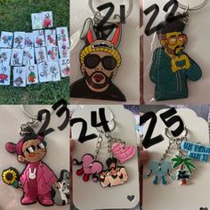 various keychains with cartoon characters on them and numbers in the middle one has been cut out