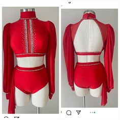 two pictures of a red and white bodysuit with silver beading on the shoulders