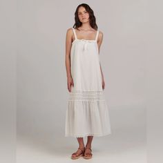 This Lightweight Long Dress Could Be A Midi Or A Maxi Depending On How Tall You Are. Perfect For Summer. It Is Oversized Because The Dress Is The Same Size All The Way Down. You Cinch The Top With A Tie Adjusting To Any Size. Trapeze Silhouette. Lace Details Throughout. Unlined. No Stretch To Material But Roomy. Unlined Cotton Midi Dress For Vacation, Cotton Maxi Dress With Lace Trim For Brunch, Cotton Maxi Dress With Lace Trim For Day Out, Beach Cotton Midi Dress With Lace Trim, Cotton Feminine Midi Dress For Beach, Feminine Cotton Midi Dress For Beach, Cotton Midi Dress With Lace Trim For Beach, Cotton Midi Dress With Lace Trim For Vacation, Casual Midi Dress With Lace Trim For Beach